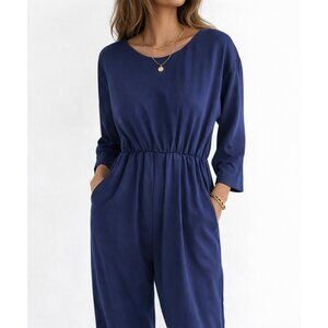 Vintage Luci Fellini Navy Blue One Piece Jumpsuit Long Sleeve Button Size 14